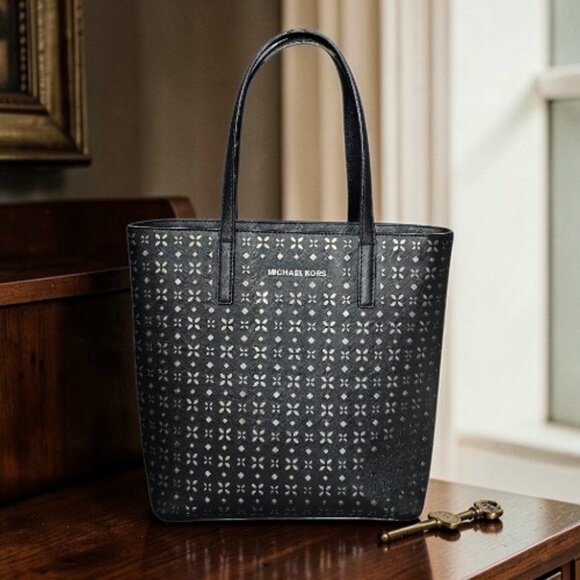 Michael Kors Handbags - Michael Kors Hayley Tote Laser-cut Leather Medium Black And Silver Handbag COA